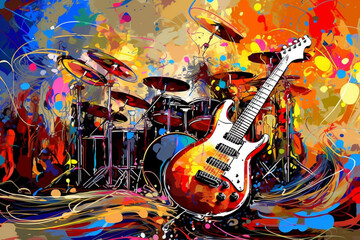 Obraz na płótnie Canvas Bright color illustration of guitar in pain style