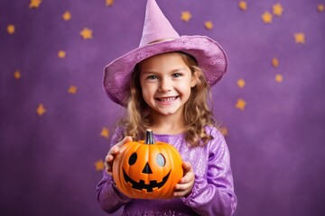 A close - up photograph of a sweet and adorable little girl with a beaming smile, dressed in a Halloween costume. Generative AI