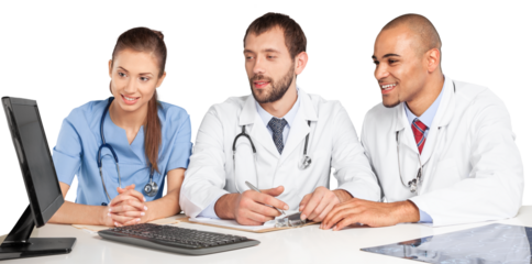 Portrait of Doctors Looking at Computer Monitor and Writing on Clipboard