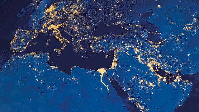 Earth photo at night, World map. Satellite photo. City Lights of Europe. Elements of this image furnished by NASA