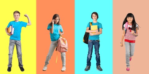 Obraz premium Set of cute happy school children on color background