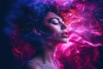 Fototapeta premium Portrait of a beautiful young woman with bright make-up and smoke in her hair. Generated AI