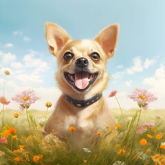 realistic image of a cheerful Chihuahua dog happily sitting on a grassy meadow with flowers in the background, against a clean white sky.