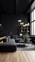 Understated Elegance: A Minimalistic Black Living Room with Serene Ambiance Generative AI 5