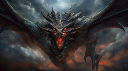 Portrait of black dragon in smoke and fire