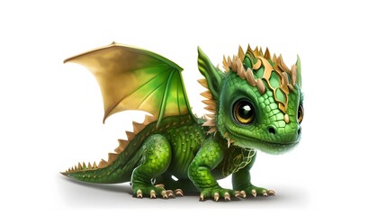 Cute Baby Green Dragon Sitting isolated on white. Generative AI