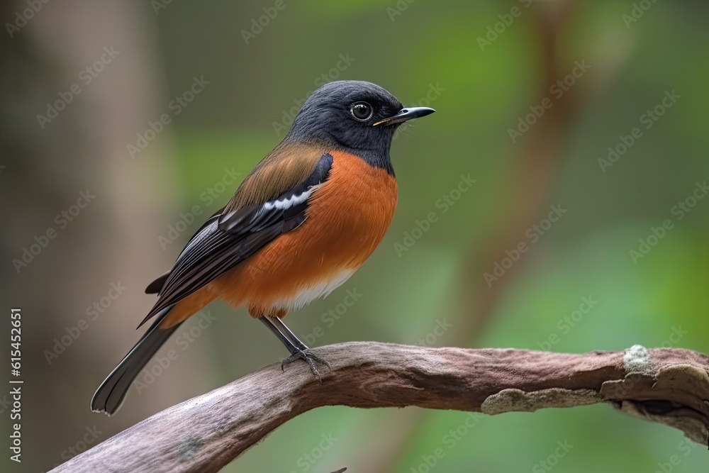 Sticker male redstart bird perched on branch, with stunning view of the forest, created with generative ai