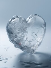 Transparent crushed ice heart shape with a simple minimalist blue background.Generative Ai