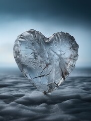 Frozen ice heart with a simple minimalist blue background.Generative Ai