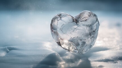 Transparent crystal ice heart shape with a simple minimalist snow background.Generative Ai