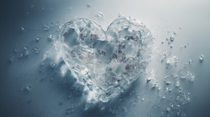 Crushed ice heart shape with a simple minimalist blue background.Generative Ai