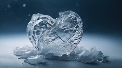 Transparent crushed ice heart shape with a simple minimalist blue background.Generative Ai