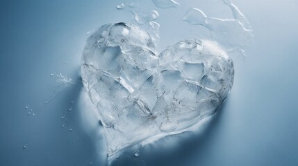 Crushed ice heart shape with a simple minimalist blue background.Generative Ai