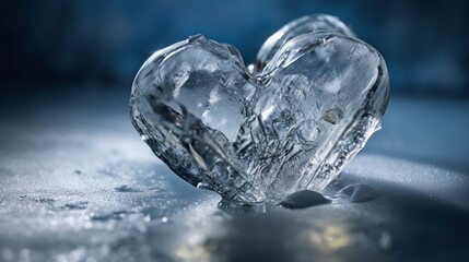 Frozen crushed ice heart with a simple minimalist blue background.Generative Ai