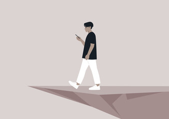 A young Asian character distracted by a smartphone striding to an abyss, nomophobia, millennial lifestyle