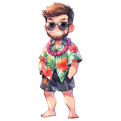 Surfer tourist character wearing sunglasses, floral shirt and hawaiian lei on summer vacation - Watercolor cartoon illustration isolated - Generative AI - obrazy, fototapety, plakaty