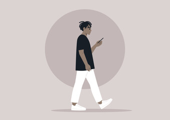 A full body portrait of a young male African character using their phone on the go