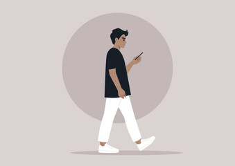 A full body portrait of a young male Caucasian character using their phone on the go