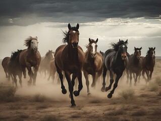 Herd of wild horses galloping, ai generative