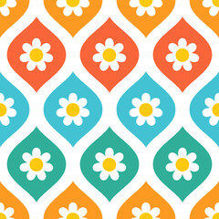 Retro seamless pattern with colorful shapes and cute daisies