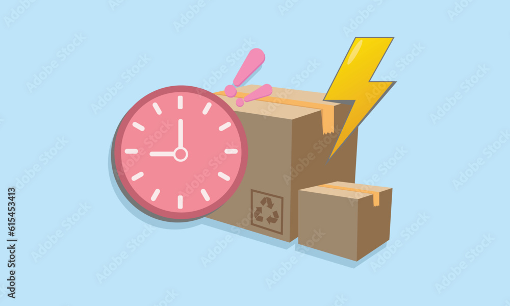 Poster fast delivery concept. cardboard boxes with alarm clock. express shipping service. quick move. float