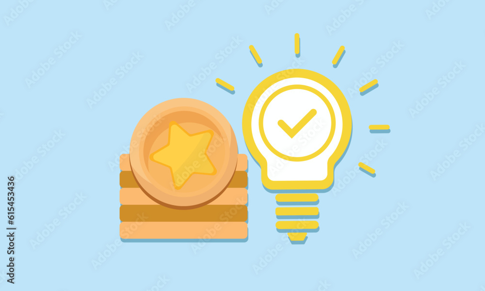 Poster light bulb with stack coin and check mark. saving electricity. business startup idea concept. invest