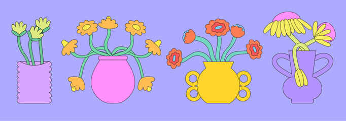 Trendy cartoon still life flowers in abstract shape vase. Various colorful flowers for textile, print, poster, placard, web or social media banner in doodle outline groovy style. Interior painting.