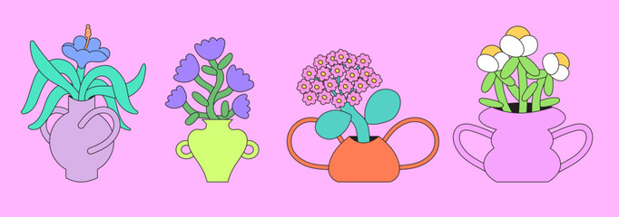 Trendy cartoon still life flowers in abstract shape vase. Various colorful flowers for textile, print, poster, placard, web or social media banner in doodle outline groovy style. Interior painting.
