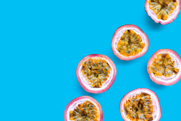 Passion fruit on blue background.