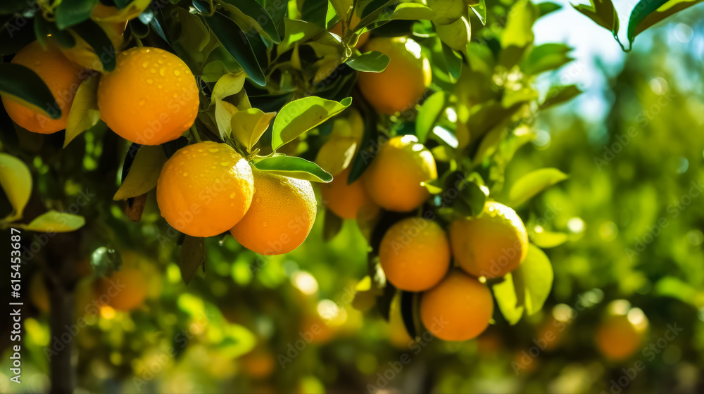 Poster ripe oranges growing on trees in orchard, background with space for text, copy space, generative ai