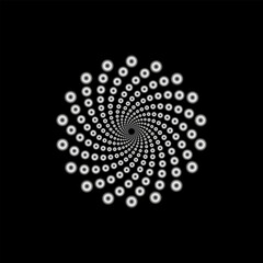 Vortex of points swirled to the center diminishing in perspective. Abstract logo design. Digital geometric design element isolated on black.