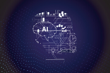 Abstract polygonal human brain. Low poly wire frame vector illustration on a dark background suitable for visualization of artificial intelligence technology