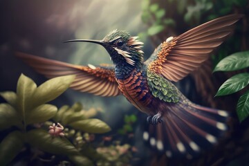 Fototapeta na wymiar Hummingbird in the tropical forest. Wildlife closeup scene from nature