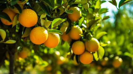 Ripe oranges growing on trees in orchard, background with space for text, copy space, generative AI

