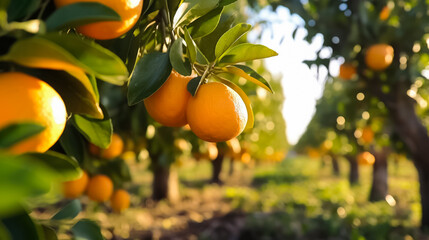 Ripe oranges growing on trees in orchard, background with space for text, copy space, generative AI

