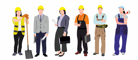 set of male and female builders and construction workers in helmets. Vector flat illustration of diverse people working in building industry, men and women architect, painter, engineers and repairman