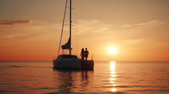 Casal olhando o p&ocirc;r do sol no iate. F&eacute;rias rom&acirc;nticas