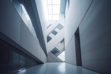 Minimalist lines, abstract shapes, and a vast white sky create a captivating landscape. An impressive hallway with a large white building in the background, filled with abstract shapes.