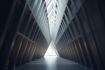The hallway is defined by abstract minimal architecture, with a unique triangular ceiling. It stands out with its modern appeal, creating an interesting space for exploration.