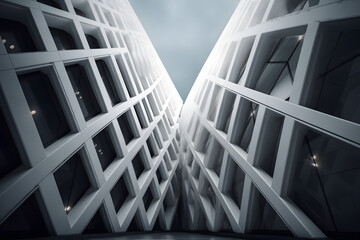 An abstract modern architecture of a glass dome is seen from a low angle perspective. Its minimalist design is highlighted by its curved lines and clear glass panels.
