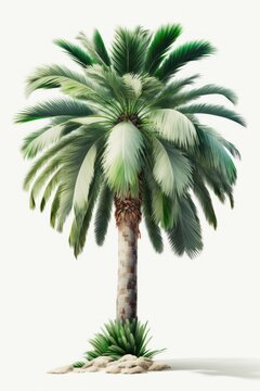 Tropical palm tree with green branch isolated on white background