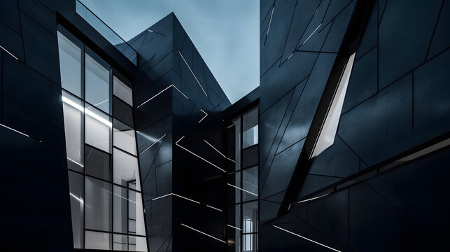 Modern office building. An abstract black building stands out against the sky, its many windows drawing the eye. Its minimal design is both captivating and intriguing, inviting further exploration.