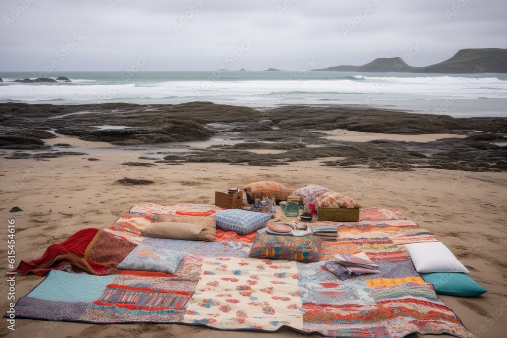 Wall mural picnic blanket spread out on windswept beach, with the sound of waves in the background, created with generative ai