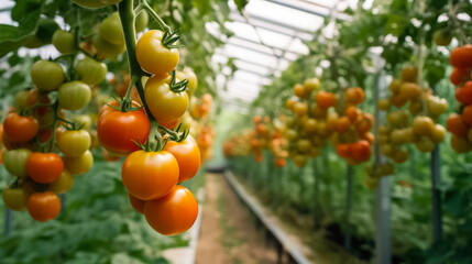 Tomatoes growing in greenhouse, background with space for text, copy space, generative AI

