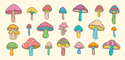 Groovy mushrooms vector set. Hippie elements. 70s groovy hippie clipart. Retro groovy mushrooms stickers. Psychedelic funky 60s 70s doodles. Set of retro cartoon mushroom stickers.