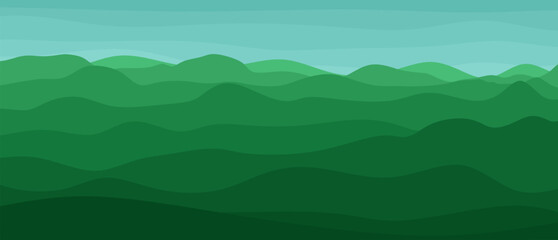 Fototapeta na wymiar Vector natural landscape with green hills and blue sky. Beautiful summer background in flat style for banners and posters. Vector illustration