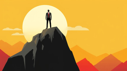 Silhouette of a businessman standing on top of a mountain. illustration art. generative AI image.