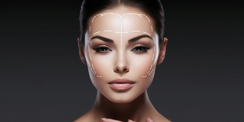 Frau Gesicht mit Kennzeichung in der Haut Stirn und Wange für die Schönheits Operation Chirugie, ai generativ