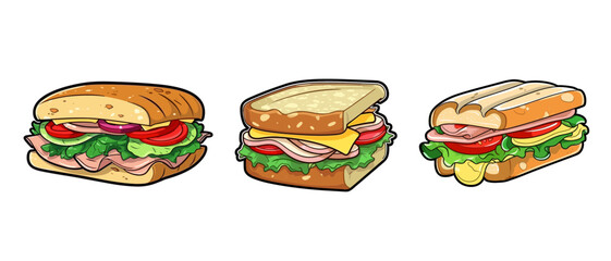 Vector set illustration cartoon flat style delicious appetizing toast sandwich with sausage ham cheese tomato greens isolated on white sticker design