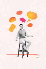 Creative magazine poster banner collage of speaker guy telling saying speech for conference...